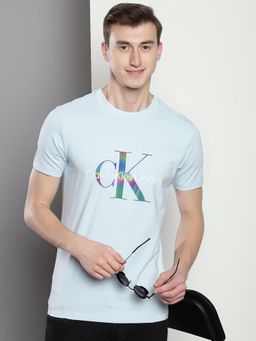 Calvin Klein - Men Blue Cotton Typography Slim Fit T-Shirt