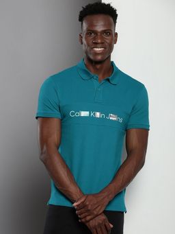 Calvin Klein - Men Teal Cotton Typography Slim Fit Polo T-Shirt