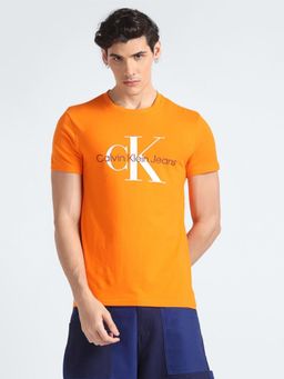 Calvin Klein - Men Orange Cotton Typography Slim Fit T-Shirt