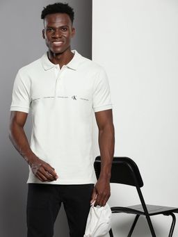 Calvin Klein - Men Off White Cotton Typography Regular Fit Polo T-Shirt