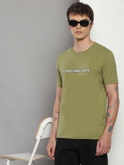 Calvin Klein - Men Olive Cotton Typography Slim Fit T-Shirt