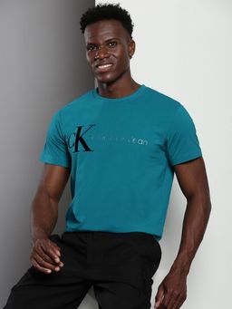 Calvin Klein - Men Teal Cotton Solid Slim Fit T-Shirt