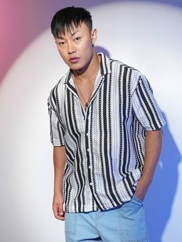 Campus Sutra - Men's Midnight Black Bohemian Knit Oversized Casual Shirt