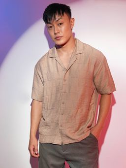 Campus Sutra - Men's Tan Brown Tactile Oversized Casual Shirt