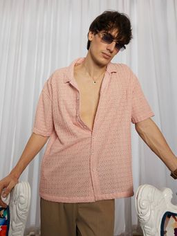 Campus Sutra - Men's Blush Pink Hollow Knit Oversized Casual Shirt