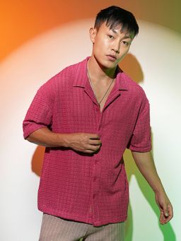 Campus Sutra - Men's Crimson Red Hollow Knit Oversized Casual Shirt