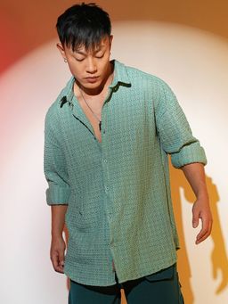 Campus Sutra - Men's Sea Green Hollow Knit Oversized Casual Shirt