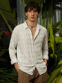 Campus Sutra - Men's Khaki Beige Hexagon Lined Casual Shirt