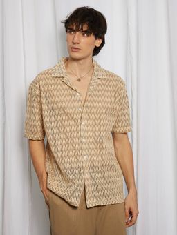 Campus Sutra - Men's Canvas Beige Chevron Knit Casual Shirt