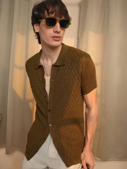 Campus Sutra - Men's Brown Textured Casual Shirt