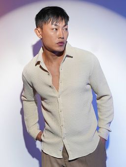 Campus Sutra - Men's Ivory White Weave Textured Casual Shirt