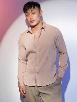 Campus Sutra - Men's Light Beige Self-Design Casual Shirt