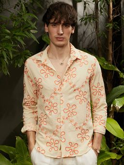 Campus Sutra - Men's Orange Embroidered Weave Casual Shirt