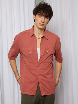 Campus Sutra - Men's Terracotta Coral Utility Knit Casual Shirt