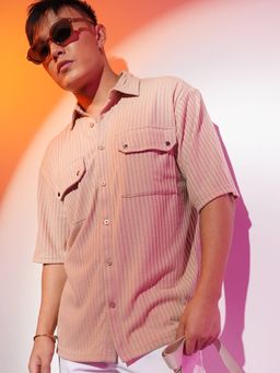 Campus Sutra - Men's Light Beige Striped Knit Casual Shirt