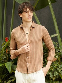 Campus Sutra - Men's Tan Brown Halo Striped Casual Shirt