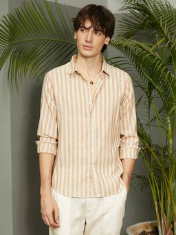 Campus Sutra - Men's Tan Brown Heathered-Stripe Casual Shirt