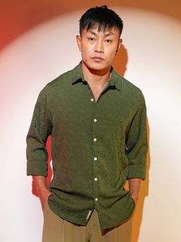 Campus Sutra - Men's Forest Green Textured Casual Shirt