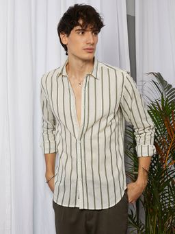 Campus Sutra - Men's Saltbox Beige Lined Halo Striped Casual Shirt