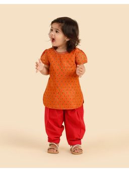 Fabindia - Orange Cotton Silk Printed Kurta and Salwar
