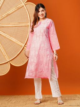 ADA - Ethnic Embroidered Lucknowi Chikankari Pink Cotton Kurta