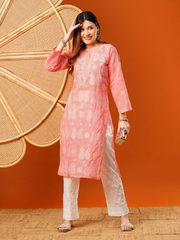 ADA - Ethnic Embroidered Lucknowi Chikankari Peach Cotton Kurta
