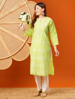 ADA - Ethnic Embroidered Lucknowi Chikankari Green Cotton Kurta