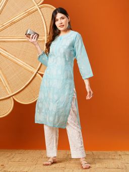 ADA - Ethnic Embroidered Lucknowi Chikankari Light Blue Cotton Kurta