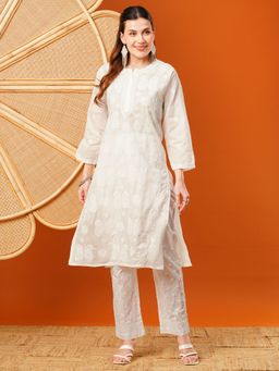 ADA - Ethnic Embroidered Lucknowi Chikankari White Cotton Kurta