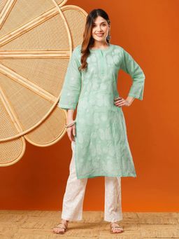 ADA - Ethnic Embroidered Lucknowi Chikankari Sea Green Cotton Kurta