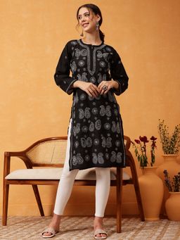 ADA - Ethnic Embroidered Lucknowi Chikankari Black Cotton Kurta