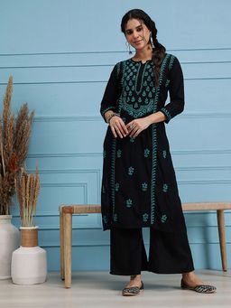 ADA - Ethnic Embroidered Lucknowi Chikankari Black Cotton Kurta