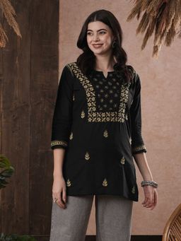 ADA - Hand Embroidered Ethnic Motifs Lucknowi Chikankari Black Cotton Kurti