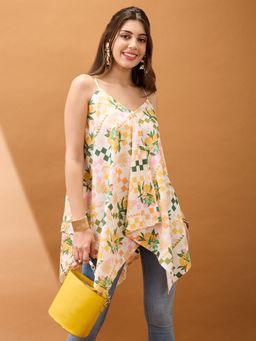 Globus - Off White Strappy Shoulder Floral Print Asymmetric Tunic