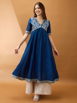 Globus - Blue Sequinned Floral Embroidered Yoke V-Neck Alia Cut A-Line Kurta