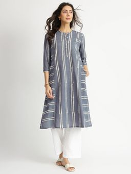 Pink Fort - Grey Cotton Dabu Stripe Play Kurta
