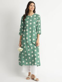 Pink Fort - Green Cotton Dabu Polka Print Kurta