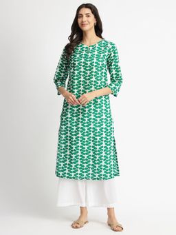 Pink Fort - Green and White Cotton Floral Printed Straight Kurta