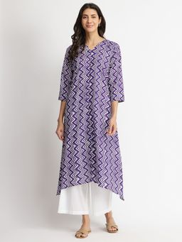 Pink Fort - Purple Cotton Chevron Printed Asymmetric Kurta