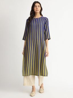 Pink Fort - Navy Blue Rayon Striped A-Line Kurta