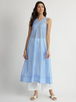Pink Fort - Blue Chanderi Striped A-Line Kurta
