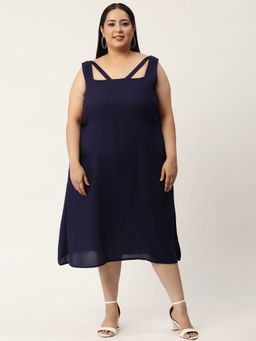 theRebelinme - Plus Size Women Navy Blue Solid Color A-Line Midi Dress