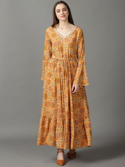 SHOWOFF - Womens Printed V-Neck Mustard Maxi Dress