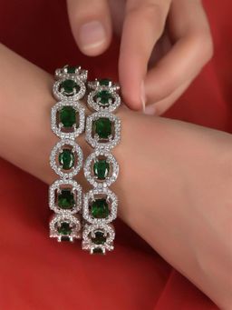 Ratnavali Jewels - Silver Plated Green American Diamond Cubic Zirconia Kada Bangles
