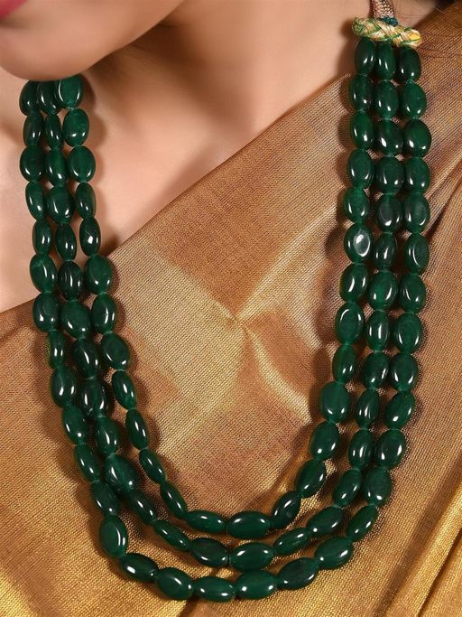 Ratnavali Jewels Three Layer Dark Green Onyx Stone Beads Necklace
