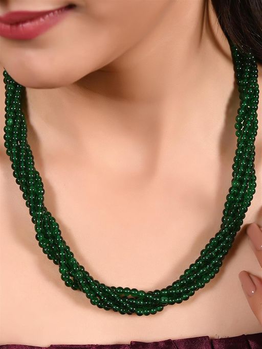 Ratnavali Jewels Five Layer Twisted Green Onyx Stone Beads Necklace
