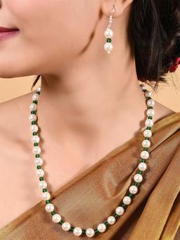 Ratnavali Jewels - Green White Imitation Pearl Beads Strand Necklace with Hook Earrings (Set of 2)
