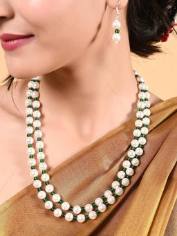 Ratnavali Jewels - Red White Imitation Pearl Beads Dual Strand Necklace & Hook Earrings (Set of 2)