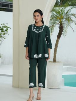 House of Chikankari - Green Cotton Slub Chikankari Co-ord Set