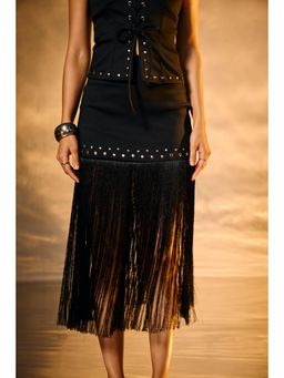 Lea Clothing - Siren Black Rivet and Fringe Midi Skirt